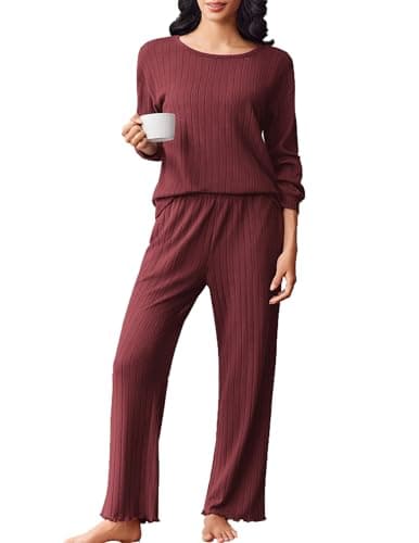 Ekouaer Schlafanzug Damen Lang Baumwolle Pyjama Frauen Weiche Pyjamas Set Leichte Nachtwäsche Gerippt Schlafanzüge für Frauen Zweiteiler Pyjama Set Weinrot L