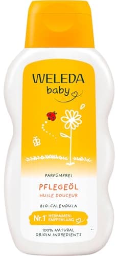 WELEDA Bio Baby Calendula Pflegeöl parfümfrei - veganes Naturkosmetik Babyöl mit Sesamöl zur Pflege & Massage von Babys. Körperöl zum Schutz vor Hautreizungen, Wundwerden & trockener Haut (1x200ml) Bio Vegan