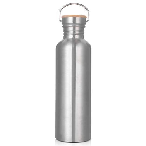 Trinkflasche Edelstahl 1L, Nicht Isolierte Einwandige Edelstahl Trinkflasche, BPA-Frei Auslaufsicher Metall Wasserflasche, Outdoor Trinkflasch für Sprudel, Sport, Schule, Fitness Bio Öko