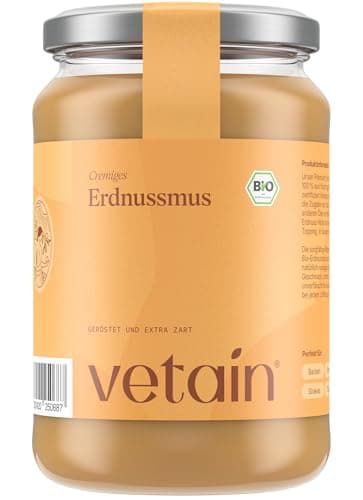 VETAIN Bio Erdnussmus Cremig 500g - 100% Bio-Erdnüsse - vegane Erdnussbutter - reich an Protein & Ballastoffen - ohne Zucker & Palmöl - perfekt als Topping für Müsli, Porridge oder als Brotaufstrich - Bio - Öko - Vegan - Recycling