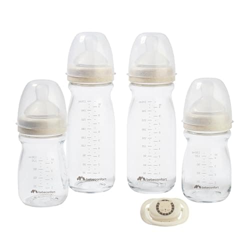 Bebeconfort Physio Air Care Glasflaschenset, Anti Colic Babyflaschen Glas, Für Neugeborene, Ab 0 Monaten, 4 Baby Flaschen Neugeborene + 1 Schnuller, Physiologisch Geformter Schnuller + Silikonsauger Bio Öko
