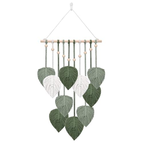 Peevisap Makramee Wandbehang, Wanddeko Schlafzimmer, Deko Grün, Makramee Deko, Kinderzimmer Deko, Blatt Feder Wanddeko, Grün und Weiß, Geeignet für Schlafzimmer, Wohnzimmer, Kinderzimmer, Büro Öko