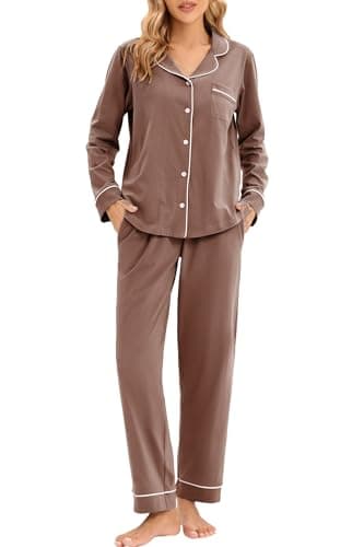 LUBOT 100% Baumwolle Schlafanzug für Damen, Lang Nachtwäsche Schlafanzüge Pyjamas Set mit Kragen knöpfen, weiche leichte Zweiteiler Pajamas Pjs Hausanzug Loungewear, Braun M
