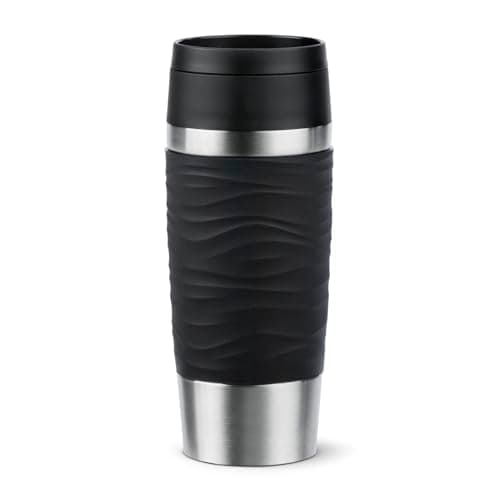 Emsa Travel Mug 360ml Wave Thermobecher, neuer Komfort-Schraubverschluss, Isolierbecher Edelstahl, 4h heiß und 8h kalt, 100% dicht, spülmaschinenfest, 360°-Trinköffnung, schwarz, N20212