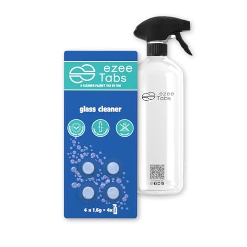 EzeeTabs Glasreiniger Bundle – Reinigungstabs für ein mikroplastikfreies, biologisch abbaubares und veganes Putzmittel – 4 x Reiniger für streifenfreien Glanz und 1 x wiederverwendbare Flasche - Bio - Öko - Vegan