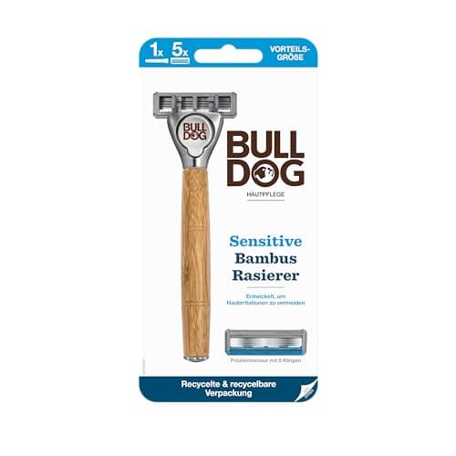 BULLDOG - Nassrasur für Männer | Sensitive Rasierer mit Bambusgriff | Rasierer + 4 Ersatzklingen | 5-fach Klinge