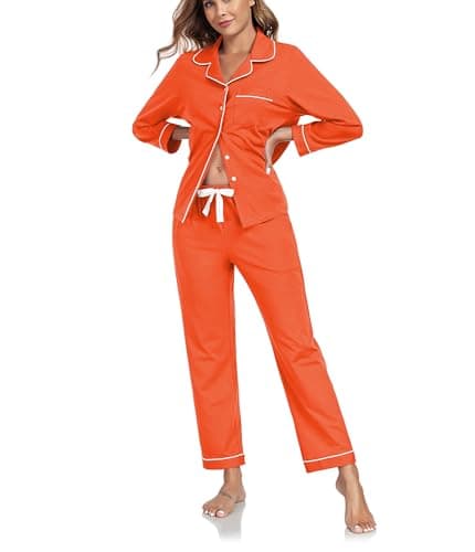 COLORFULLEAF Schlafanzug Damen Lang 100% Baumwolle Pyjama Damen mit Knopfleiste Langarm Zweiteiliger Nachtwäsche Hausanzug(Koralle Orange,L)