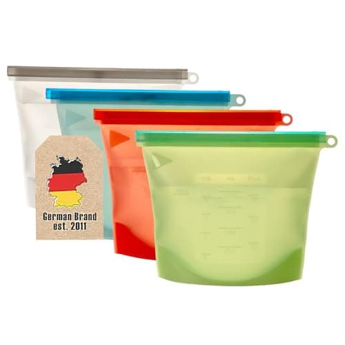 INTIRILIFE 4X Lebensmittelbeutel Silikon, 1L Füllmenge mehrere Farben -23 x 17,5 cm- Wiederverwendbar Zip Verschluss, Gefrier - und Aufbewahrungsbeutel für Gemüse Fleisch Snacks spülmaschinengeeignet