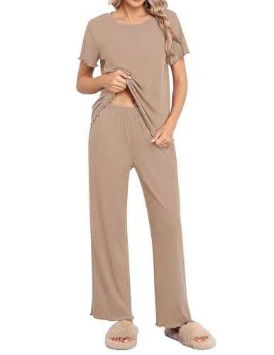 Ekouaer Schlafanzug Damen Pyjama Set Zweiteiler Elegant Gerippt Homewear Herbst Bein Hosen Loungewear Outfit mit Taschen,Khaki,S