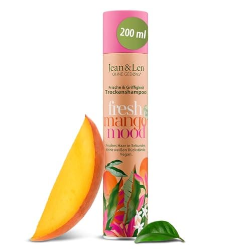 Jean & Len Trockenshampoo Frische & Griffigkeit, kein fettiger Ansatz, keine weißen Rückstände, duftet fruchtig frisch nach Mango, für alle Haartypen, ohne Parabene & Silikone, vegan, 200 ml Öko Vegan