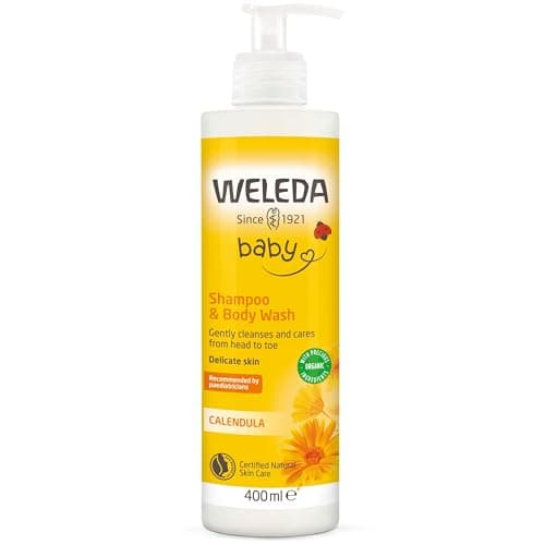 WELEDA Bio Calendula Baby XL Waschlotion & Shampoo vegan - Naturkosmetik Duschgel zur Hautpflege / Haarpflege bei Neugeborenen. Babypflege Dusche für empfindliche Haut, mild zu den Augen (1x 400ml) Bio Öko Vegan