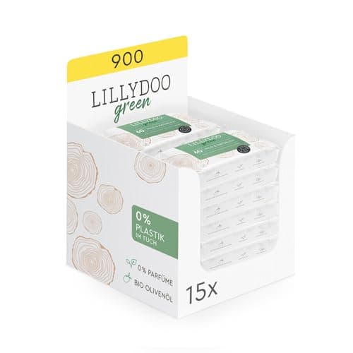 LILLYDOO green Natürliche Feuchttücher, 900 Stück (15 x 60), 100% plastikfreies Tuch, ohne Parfüme Öko