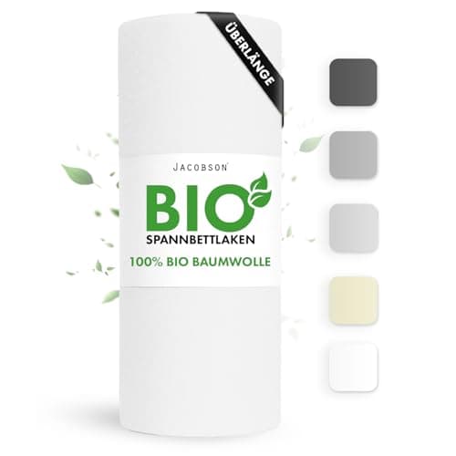 Jacobson Bio Spannbettlaken ÜBERLÄNGE 90x220cm Baumwolle Spannbettlaken, GOTS zertifiziertes Bettlaken, 160g/m² Jersey Spannbetttuch (90x220, Weiß) Bio Öko
