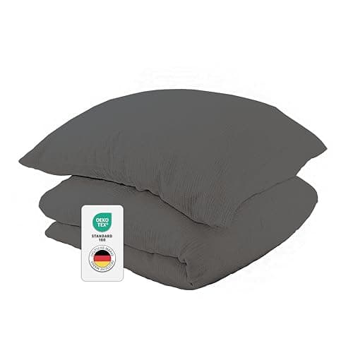 jilda-tex Bio-Bettwäsche Musselin Medina 100% Bio-Baumwolle Knitterlook Bügelfrei Uni Made in Green (Dunkelgrau, 135x200 + 80x80 cm) Bio Öko