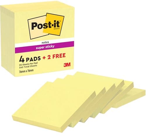 Post-it Super Sticky Notes Kanariengelb, Packung mit 6 Blöcken, 90 Blatt pro Block, 76 mm x 76 mm, Farbe: Gelb - Extra-stark klebende Notizzettel für Notizen, To-Do-Listen und Erinnerungen Öko