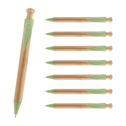 WPRO Bambus Kugelschreiber Set Filly 8 Stück grün – nachhaltiger Stift aus Bambus & Weizenstroh mit Clip in Blattform – umweltfreundlich für Büro & Schule Bio Öko