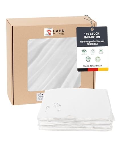 Hahn Putzlappen® Baumwolle Weiß [110 STK.] – 30x30 cm – Dünn, saugstark & langlebig – Für Werkstatt, Elektronik, Haushalt & Auto – 100 % Recycling – Made in DE Öko