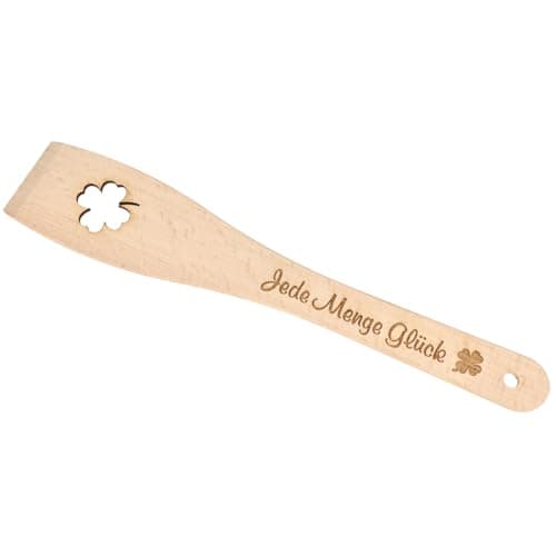 Pfannenwender "Jede Menge Glück" | Holz-Kochlöffel mit Gravur auf Griff & Rührfläche | Küchenhelfer aus Buchenholz | Glücksbringer Geschenk | Nachhaltiges Kochzubehör | 29,5 cm Öko