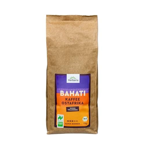 Herbaria BAHATI Bio Kaffee ganze Bohnen 1kg – Naturland Fair zertifiziert aus Ostafrika – feinste Kaffee-Aromen nach gerösteten Nüssen & Schokolade – Bio Kaffeebohnen perfekt für Kaffeevollautomaten Bio Öko