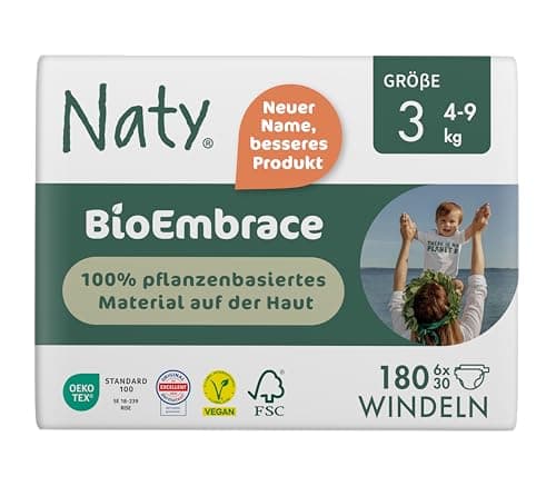 Naty BioEmbrace Baby Windeln Größe 3 (4–9 kg) | 100% pflanzenbasierte Materialien auf der Haut | Atmungsaktive Weichheit, dermatologisch getestet, exzellente Saugkraft | 180 Stück Bio Öko Vegan
