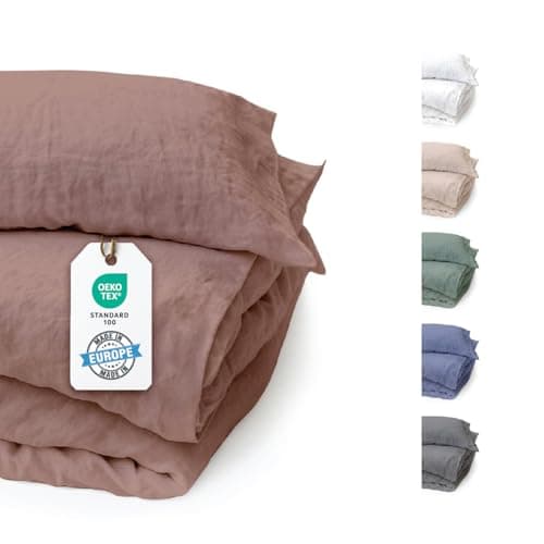 BLUE MOON Bettwäsche 140x200 Leinenbettwäsche [ÖKO-TEX] - 2teilig - 1 Bettbezug 140 x 200 cm + 1 Kissenbezug 70x90 cm - Leinen Bettwäsche - 100% Leinen - Made in EU - Stone Washed - Koralle Öko