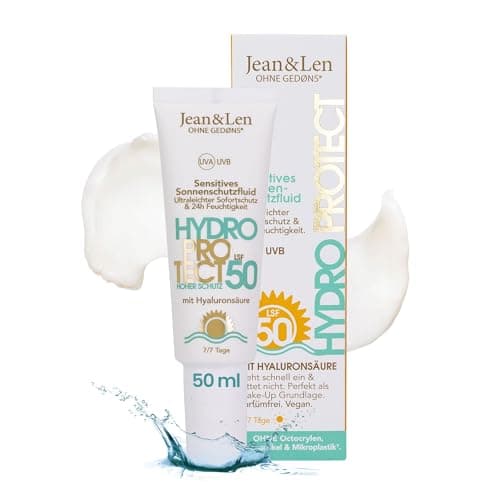 Jean & Len Sensitiv Sonnenschutzfluid LSF 50, leicht & schnell einziehend, für sensible Haut, ohne Mikroplastik, Octocrylen, Duftstoffe, vegan, Sonnenpflege Gesicht, 50 ml Öko Vegan