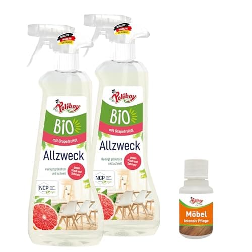 POLIBOY BIO Allzweck Reiniger - Universalreiniger für alle Oberflächen, auch für Holz - Vegan - 2x 500ml - Mit Produktprobe - Made in Germany Bio Vegan