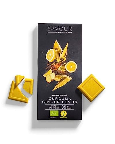 SAVOUR Weiße Schokolade mit Kurkuma, Ingwer & Zitrone | Bio, Vegan, Glutenfrei, ohne Palmöl, nachhaltige Verpackung (Kurkuma, Ingwer & Zitrone, 1 Tafel) - Bio - Öko - Vegan