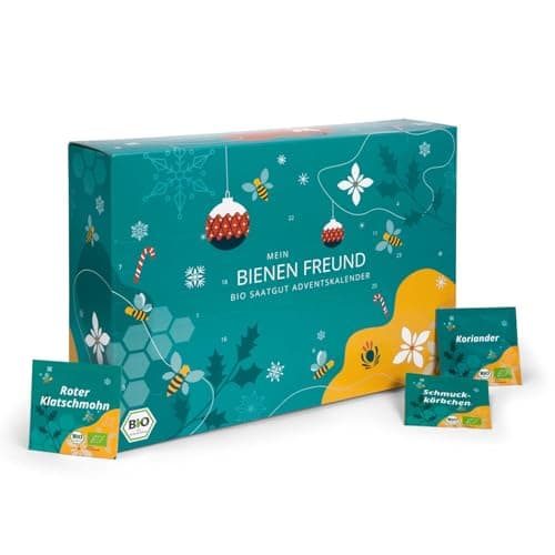 BIO Saatgut Adventskalender "Bienen-Freund" - 24 Schachteln mit Blumen & Kräuter Samen, samenfest, personalisierbarer Garten-Kalender Bio