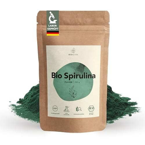 BIONUTRA® Bio Spirulina Pulver 250 g, rückstandskontrolliert, nach EU-ÖKO-Standard hergestellt, vegan, laktose- & glutenfrei, ohne Zusätze, Spirulina Pulver Bio Bio Öko Vegan