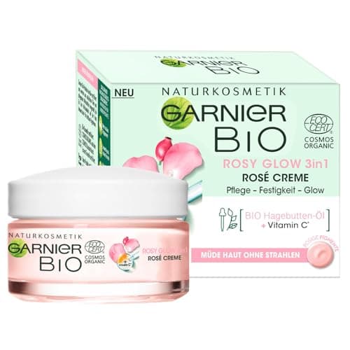 Garnier Gesichtscreme für müde Haut ohne Strahlen, Für einen jugendlichen Glow, Pflege und Festigkeit, Mit Bio-Hagebutten-Öl und Vitamin C, Garnier Bio Rosy Glow 3in1, 50 ml Bio