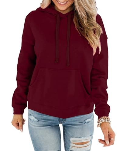 EUHOM Hoodie Damen Kapuzenpullover Baumwolle Pullover Herbst Langarm Sweatshirt Casual Hoody mit Kapuze Leichter Pulli Oberteile (Weinrot, M)