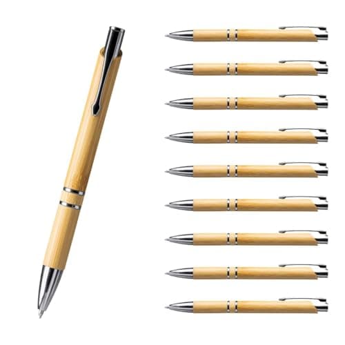 WPRO Bambus Kugelschreiber 10 Stück Line – Nachhaltiger Holzkugelschreiber mit Druckmechanismus & austauschbarer Mine – Umweltfreundliche Stifte für Büro, Schule & Studium - Bamboo Line Öko