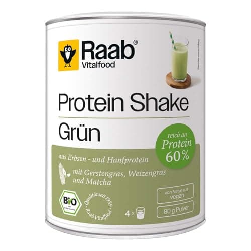Raab Vitalfood® Bio Protein Shake Grün Pulver (80g) - Grüner Smoothie mit Gerstengras, Weizengras, und Matcha, 60% Proteingehalt, Mischung aus Erbsen- und Hanfprotein, Vegan, Bio Bio Öko Vegan