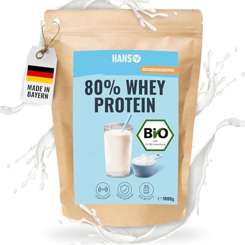 HANS Brainfood 80% Bio Whey Protein Pulver Neutral 1kg von Kühen aus Bayern ohne Zucker - Eiweißpulver, Whey, Eiweiss Protein Pulver - 100% reines Bio Molke-Protein Bio Öko