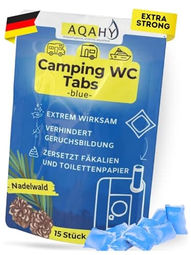 AQAHY Camping Toiletten Zusatz - Tabs Blue extra stark – Nadelwald WC Drops - Chemietoilette Tabs entfernt unangenehme Gerüche - Made in DE