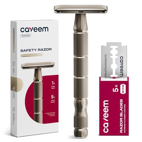 CAVEEM Rasierhobel mit zwei Klingen, Einklingenrasierer mit 5 Rasierklingen aus Edelstahl für Männer und Frauen, wiederverwendbarer Rasierer aus Metall – Champagner matt Öko