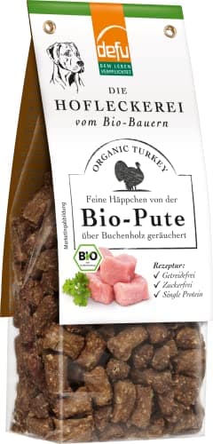 defu Hundesnack | 1 x 125 g | Hofleckerei Feine Häppchen von der Bio Pute | Premium Bio Leckerlis für Ihren Hund Bio Öko