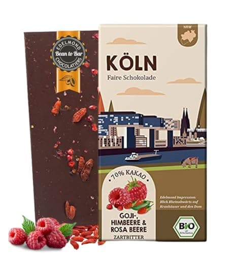 KÖLN – 75 g Bio Fair Trade Zartbitterschokolade mit Goji Himbeere & Rosa Beere | Geschenk aus Köln | vegane Stadt-Schokolade | nachhaltig & plastikfrei Bio Öko Vegan