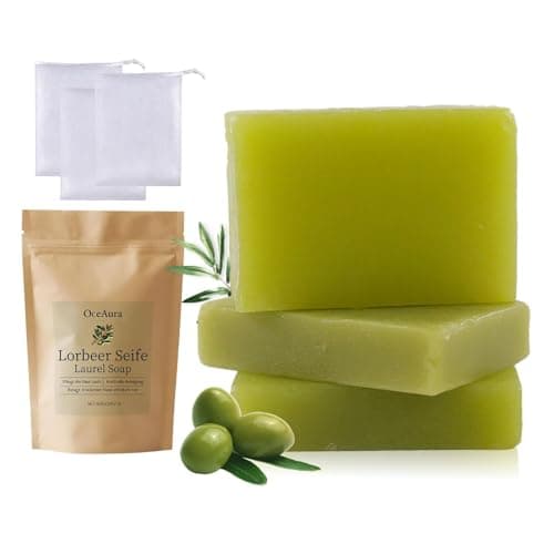Aleppo Seife Original Lorbeer Seife 3 Stück 90g Alepposeife Olivenöl & Lorbeeröl Olivenölseife Haarseife Gesichtsseife Naturseife Aleppo-Seife Soap Olivenseife Vegan mit Seifenblasenbeutel 3 Stück Öko Vegan