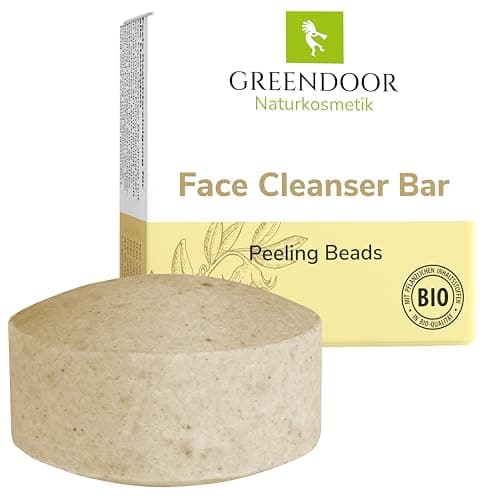 GREENDOOR Naturkosmetik Fester Gesichtsreiniger Peeling Beads 57g, Vegan, Seifenfrei, Hautmild, Natürlich Bio Öko Vegan