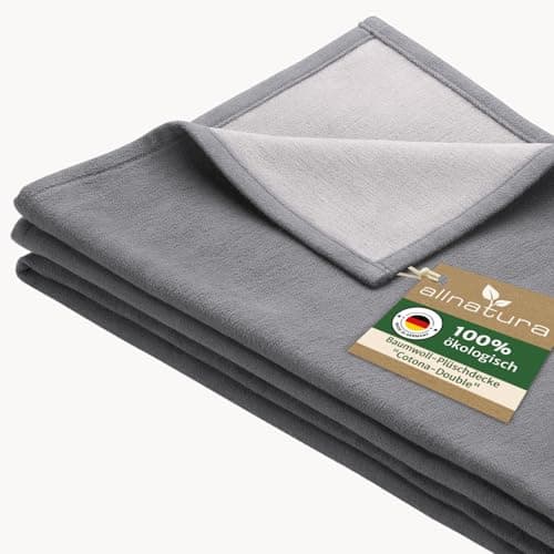 allnatura große flauschige Baumwoll-Plüschdecke Cotona-Double 140x200 cm in Grau, Made in Germany - nachhaltige Sofadecke 100 % Bio-Baumwolle - waschmaschinenfeste Wohndecke Couchdecke Bio Öko