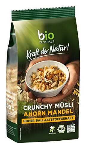 biozentrale Müsli Crunchy Ahorn-Mandel | 375 g knuspriges Bio Müsli | Ideal zum Frühstück und für den Müslibecher to go | vegan & ohne Palmöl Bio Öko Vegan