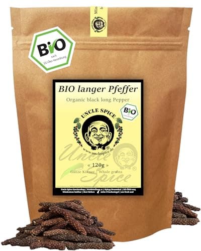 UNCLE SPICE® BIO langer Pfeffer - 120g echter Stangenpfeffer aus Asien ökologisch angebaut, Bio-Pfefferstangen ganz, im ÖKO-Beutel nachhaltig hergestellt, DE-ÖKO-005 Bio Öko