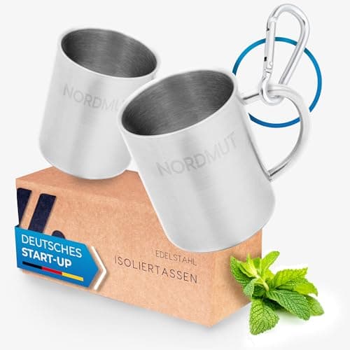 NORDMUT® Edelstahl Thermobecher [2er Set] Camping Tasse | nachhaltige Edelstahl Tasse | Kaffeetasse doppelwandig isoliert und BPA frei | Tassen Set für Camping & Outdoor [2 x 300 ml] Öko