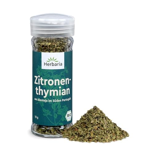 Herbaria Zitronenthymian bio 10g Streuer – Bio Zitronenthymian getrocknet und gerebelt – Bio-Kräuter - Bio-Gewürz – mediterrane Kräuter - Premium Bio-Qualität - im praktischen Glas-Gewürzstreuer Bio Öko Vegan