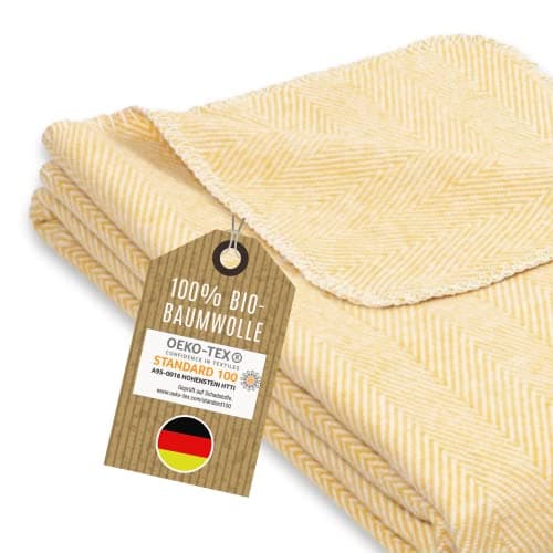 RIEMA® weiche Bio-Baumwolldecke – Bio Kuscheldecke (KBA) für Sofa oder Bett in gelb mit Oeko-TEX Zertifikat – kuschelige Decke Baumwolle Made in Germany – 140x200 cm Bio