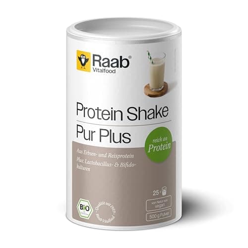 Raab Vitalfood® Bio Protein Shake Pur Plus (500 g) - Proteinpulver mit Erbsen- und Reisprotein, Plus Lactobacillus- und Bifidobakterien (Milchsäurebakterien), 78% Proteingehalt, Pur ohne Zusätze Bio Öko Vegan