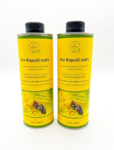 Bio-Rapsöl nativ 2x500 ml kaltgepresst, angebaut und abgefüllt in Oberbayern, Naturland Lanwirtschaft, für eine vegane und glutenfreie Ernährung geeignet (1000 ml) Bio Öko Vegan