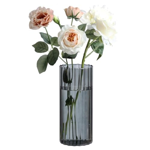 ComSaf Kleine Vasen Deko für Tischdeko, Modern Blumenvase Glas, Mini Vase Tulpen Set, Glasvase Zylinder Rund Gross, Tulpenvase für Tulpen, Pampasgras, Orchideen, Rosen, 20 cm Hoch, Grau